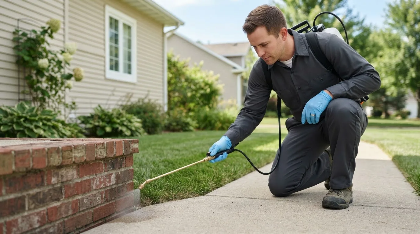 Pest control technician treating a home near De Witt, AR